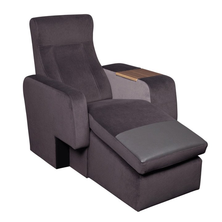 Cooper Micro Auditorium Chair with bespoke Leg Extension and protective footrest panel. When linked the gap under the arm creates a storage area